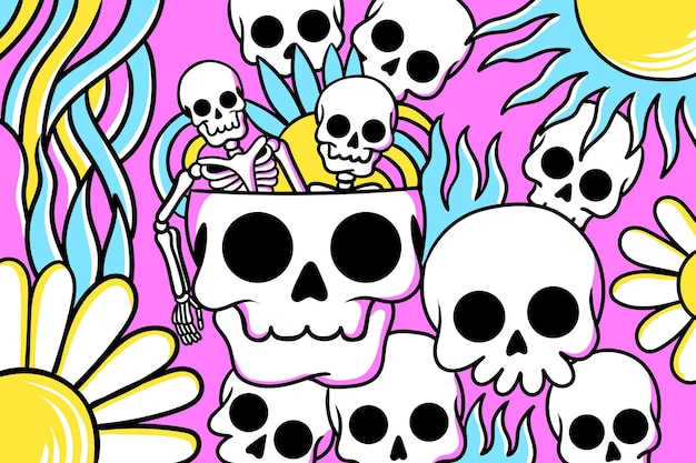 Vector illustration of Doodle cute skull background