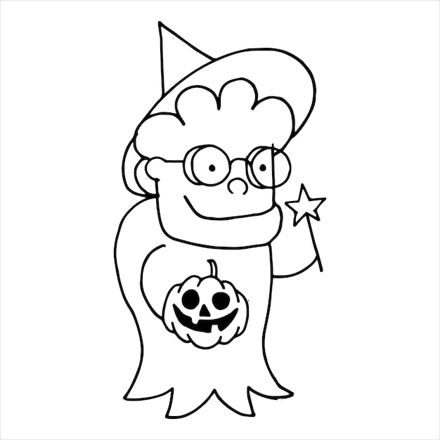 векторная иллюстрация в стиле каракулей милый персонаж старуха в костюме ведьмы на хэллоуин простой