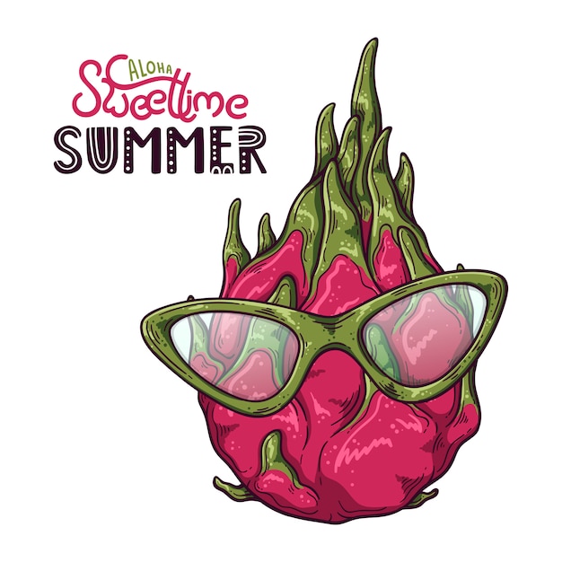 Illustrazione vettoriale di frutta drago. lettering: aloha sweet time summer.