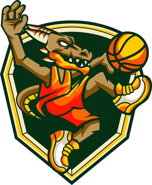 Illustrazione vettoriale della mascotte del drago con la posa del giocatore di basket con lo stile del logo sportivo