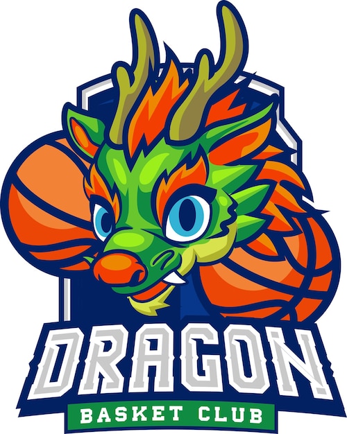 Векторная иллюстрация талисмана дракона с позой баскетболиста со спортивным логотипом