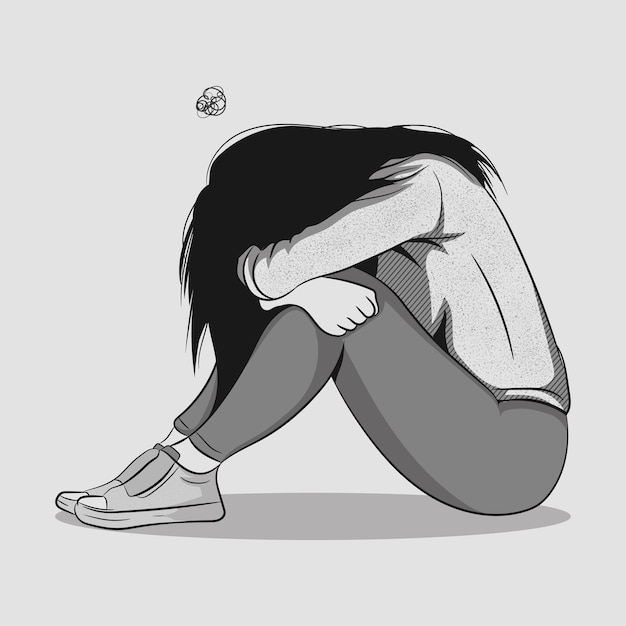 Vector illustration drawing in ink sketching style lonely woman sad and depression sad girl