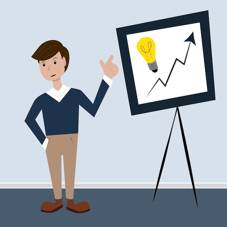 Vector vector illustration drawing of a man giving a presentation about increasing profits