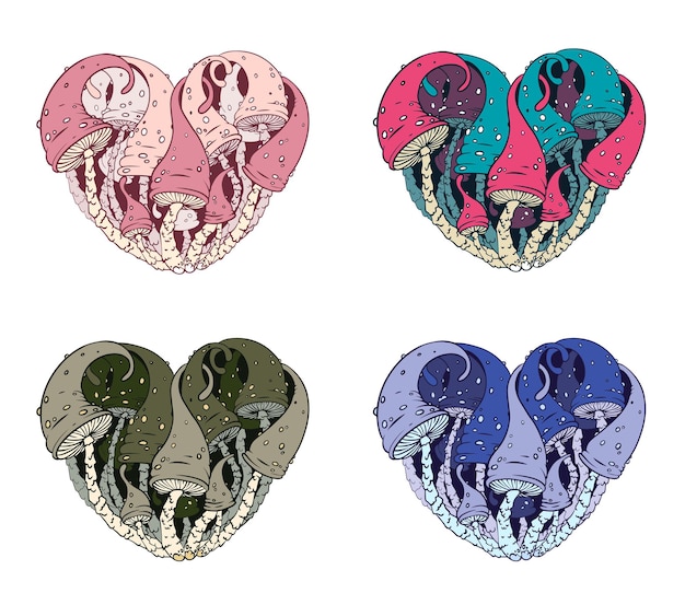Векторная иллюстрация, нарисованная чернилами Набор разноцветных грибов, растущих в форме сердца