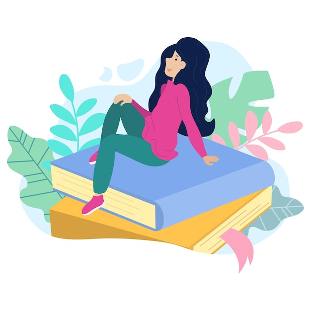 Vector illustration of a dreaming young girl sitting on a stack of books