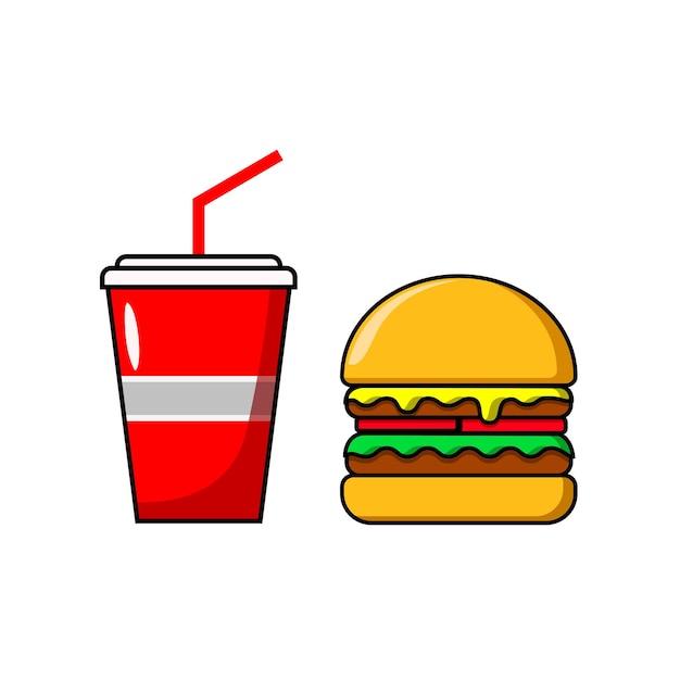 Vector illustration of a drink and burger stuffed with tomatoes, lettuce, bacon and cheese.