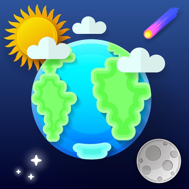 Illustrazione vettoriale del globo terrestre. un pianeta blu con nuvole e spazio in stile cartaceo.