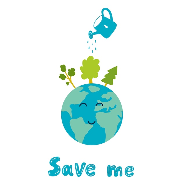 Vector vector illustration of earth planet with can watering trees in cartoon hand drawn style