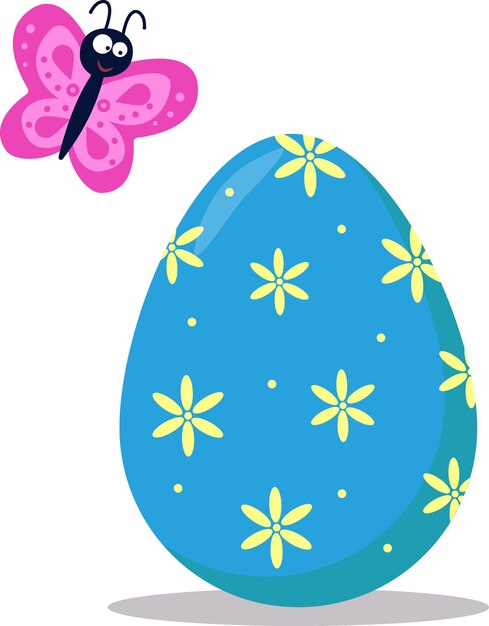 Vector illustration of an Easter blue egg and a butterfly Beautiful butterfly and Easter egg