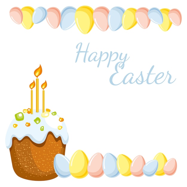 vector illustration of Easter theme colorful Easter cake with icing candied fruits and light candle different pastel color Easter eggs isolated on white background