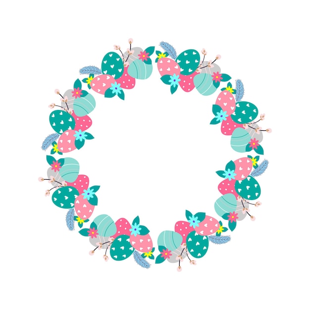 Vector illustration of easter wreath made of flowers and eggs and feathers