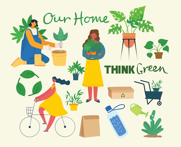 緑のエコエネルギーと引用の概念のベクトル図ecoの背景地球を救い、緑を考え、フラットスタイルで廃棄物をリサイクルする