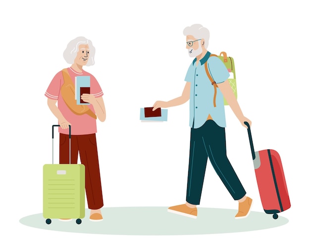 Vector illustration of elderly tourist with laggage and handbag Old man and woman with suitcases