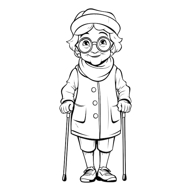 Vettore illustrazione vettoriale di una donna anziana con occhiali, cappello e cappotto