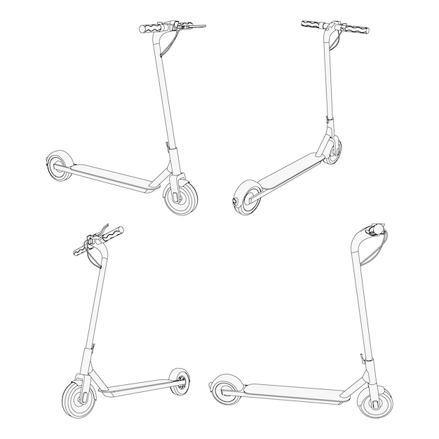 Vector illustration of electric scooter bike - line art illustration, set of different views