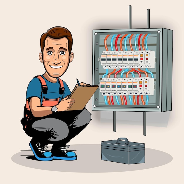 Vector vector illustration of electrician checking cables of switchboard panel