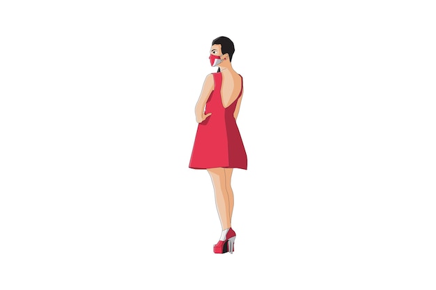 Vector vector illustration of elegant women posing with mask