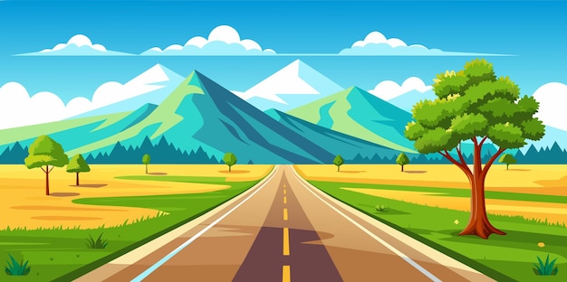 Vector vector illustration of an empty road among fields and mountains