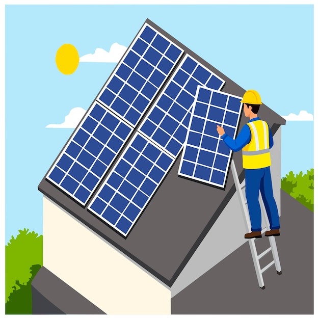 vector illustration of an engineer in a hardhat installing a solar panel on a house a concept of re
