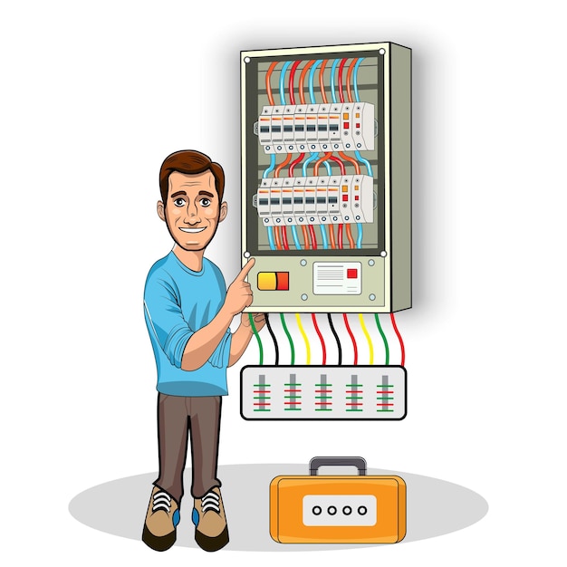 Vector illustration of engineer repairing breaker switch box