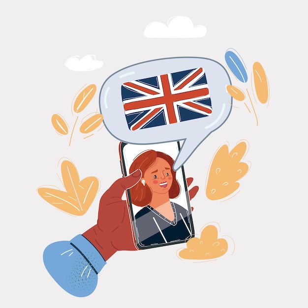 Vettore illustrazione vettoriale di un corso online di lingua inglese o di una scuola insegnanti femminili faccia a faccia sulla scena del telefono