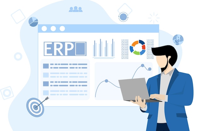 Векторная иллюстрация концепции планирования корпоративных ресурсов ERP для повышения производительности и улучшения