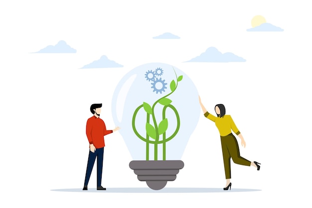 Vector vector illustration of esg concept with businessman touching light bulb with plant seeds