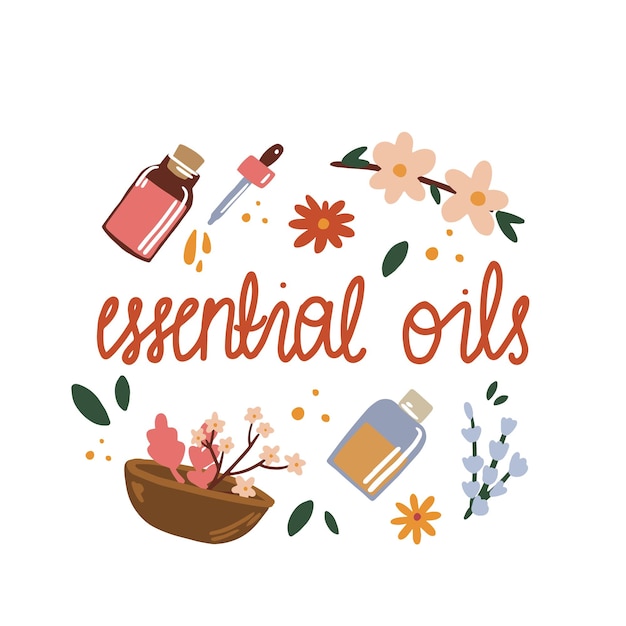 Vector illustration of essential oil. bottles of oil and ingredients for relaxation, aromatherapy an