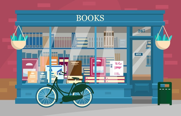 Illustrazione vettoriale della vetrina del negozio di libri europeo con un sacco di libri con la bicicletta all'esterno
