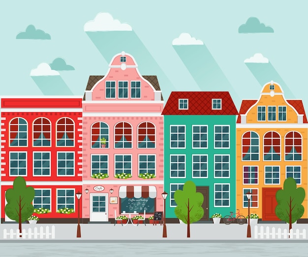 Vector vector illustration of european town flat design old houses