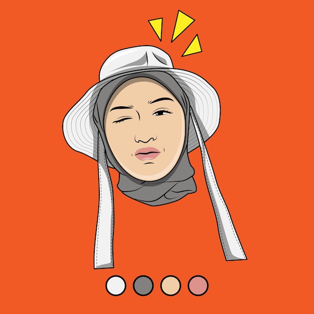 vector illustration of face of a Muslim girl in a hood with a hat with a funny expression