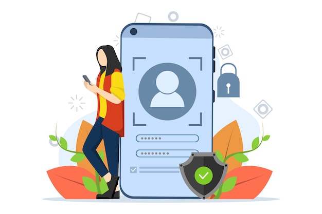 Vector illustration of face recognition concept with a woman standing near the phone