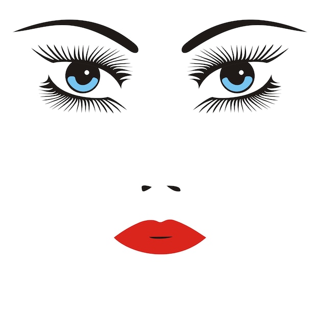 Vector illustration of a face of a woman with long lashes and red lips