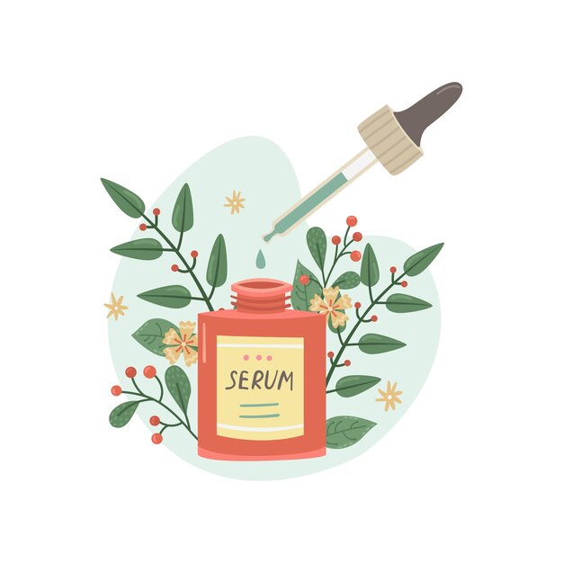 Vector vector illustration of facial care serum with botanical decor beauty industry