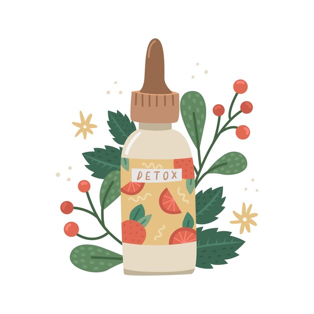 Vector illustration of facial care serum with botanical decor beauty industry