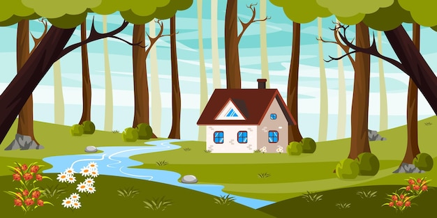 Vector illustration of a fairy house in the forest Cartoon forest landscape with house stream flowers stones