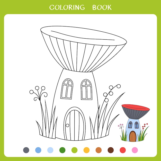 Vector illustration of the fairytale mushroom house for coloring book