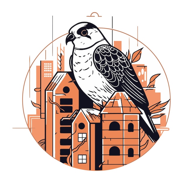 Vector vector illustration of a falcon on the background of the city