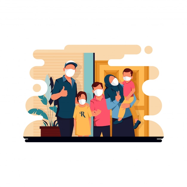 Vector illustration of family caracter taking a picture while wearing a mask, to prevent viruses, flat design concept.