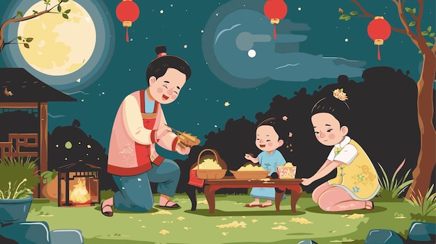 Vector illustration of family celebration dinner under full moon