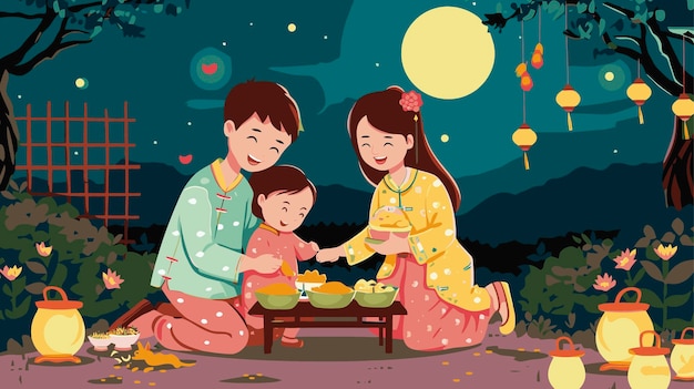 満月の下の家族祝いの夕食のベクトルイラスト