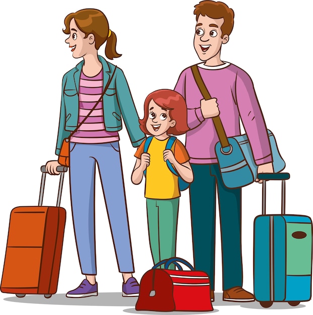 vector illustration of a family travelling with suitcases and luggage