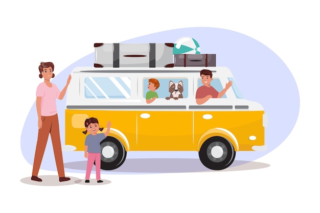Illustrazione vettoriale di una famiglia con un cane che va a fare un viaggio su strada in un minivan vacanze estive holi