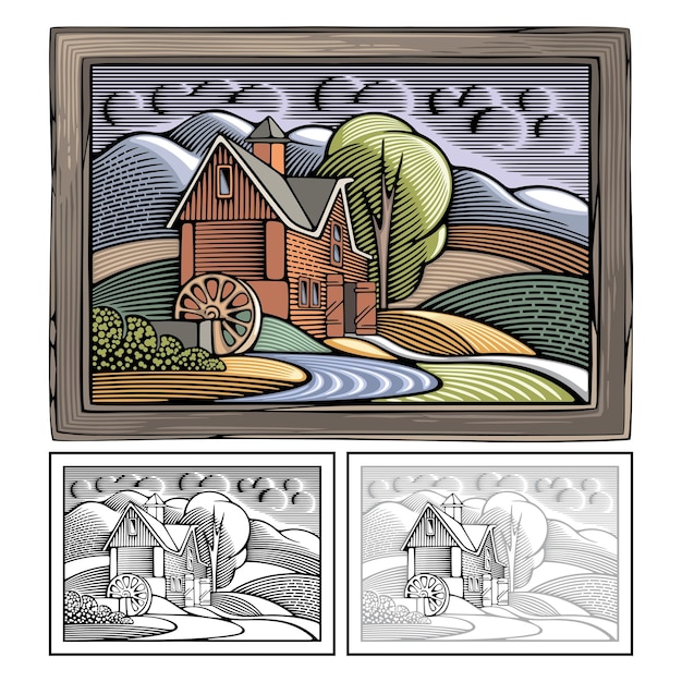 Vector illustration of a farm surrounded by fields and mountains done in retro woodcut style