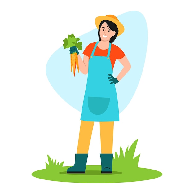 Vector illustration of a farmer Cartoon scene with a happy farmer who rejoices in the harvest and holds carrot in her hands on white background