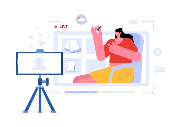 Vector 패션 블로그를 위한 터 일러스트레이션 블로거들이 평평한 배경에 온라인 런웨이를 특징으로 한 패션 의류 트렌드의 비디오를 검토하고 있습니다.