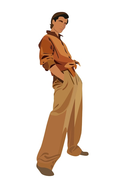 Vector vector illustration of a fashionable guy dressed in clothes of beige shades on a white isolated back