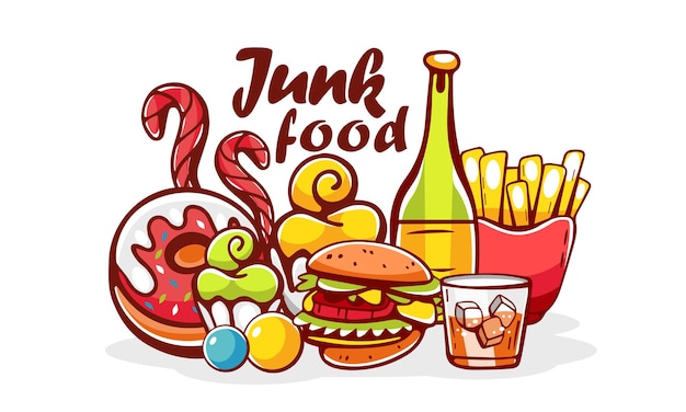 Vector vector illustration of fast food and junk food lettering in cartoon style