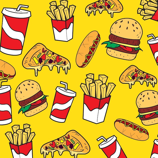 Vector illustration of fast foods in colored doodle style