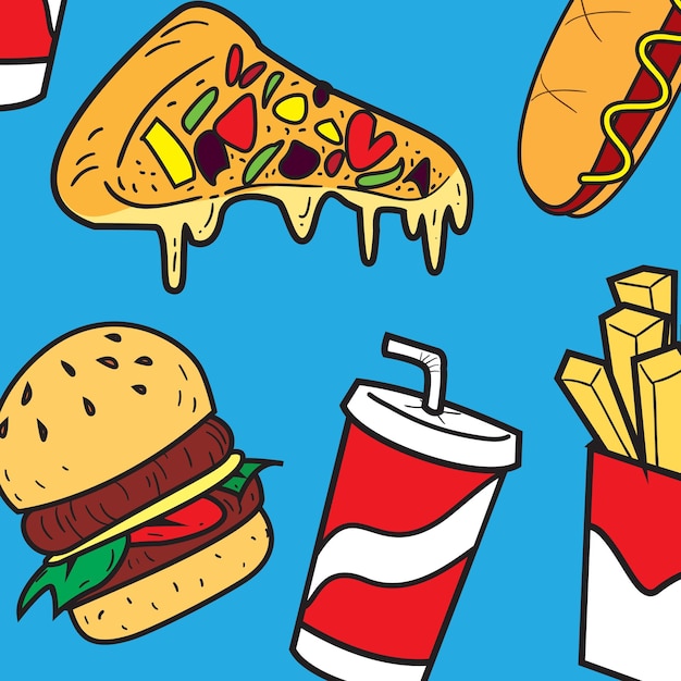 Vector illustration of fast foods in colored doodle style